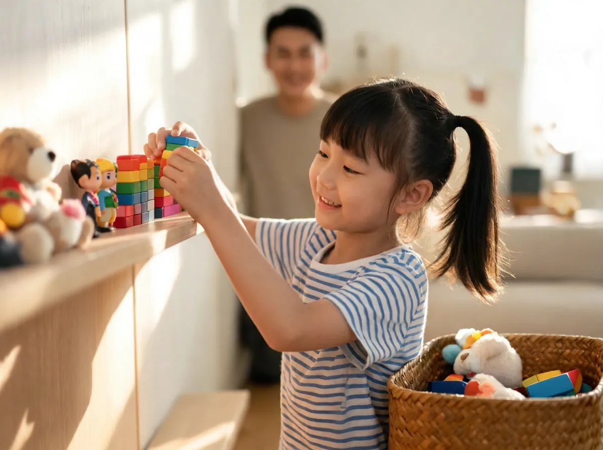 A young girl tidying toys onto a shelf while her dad watches nearby