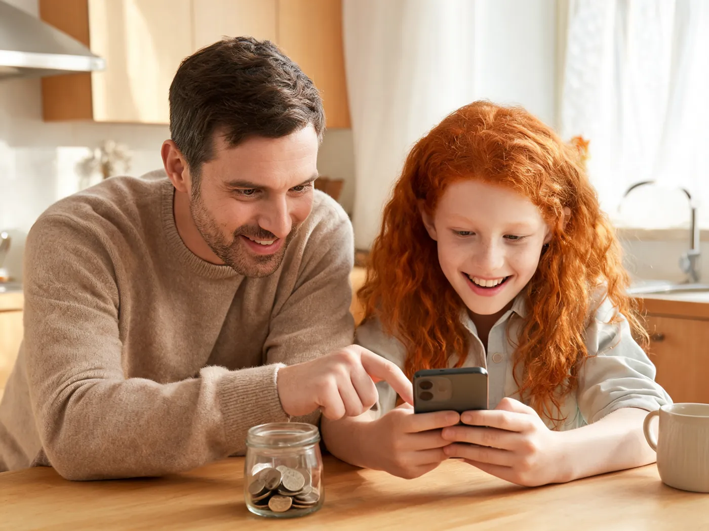 A father and daughter using a phone app at the kitchen table with a coin jar, no debit card in sight