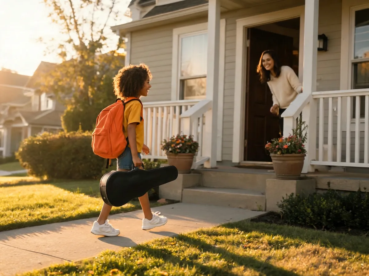 The same child with an orange backpack arriving at their mom's house