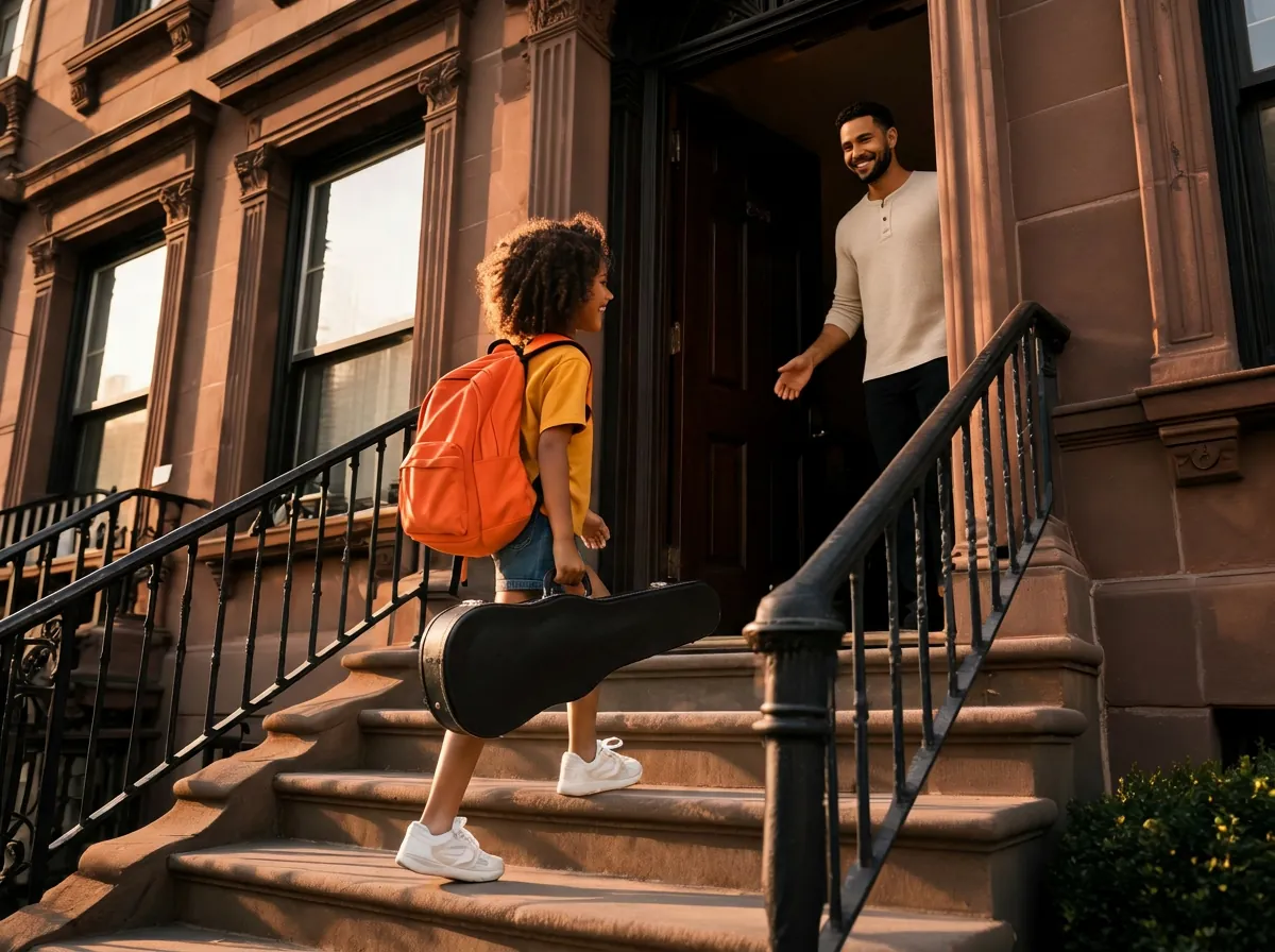 The same child with the same orange backpack arriving at their dad's house