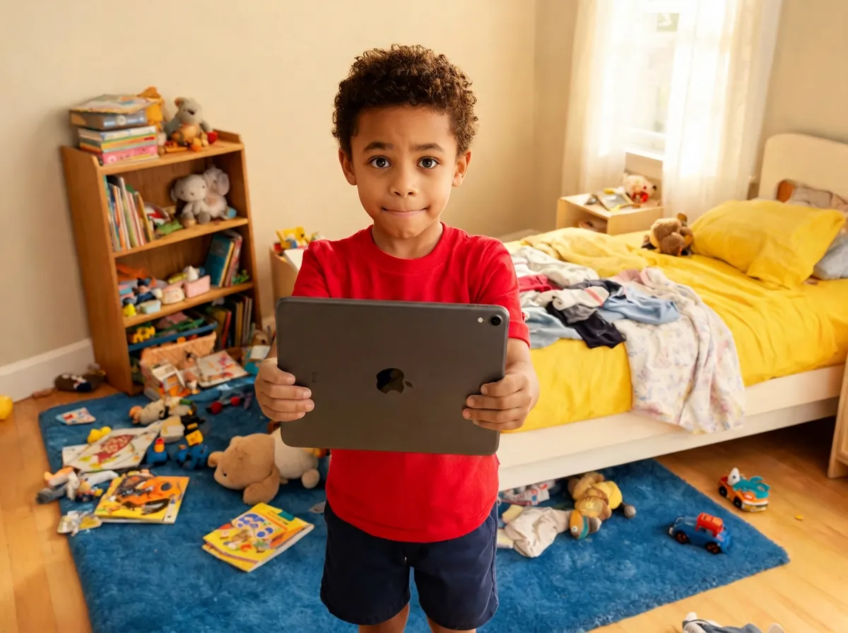 A young boy in a red shirt holds up a tablet in his messy bedroom, asking for screen time