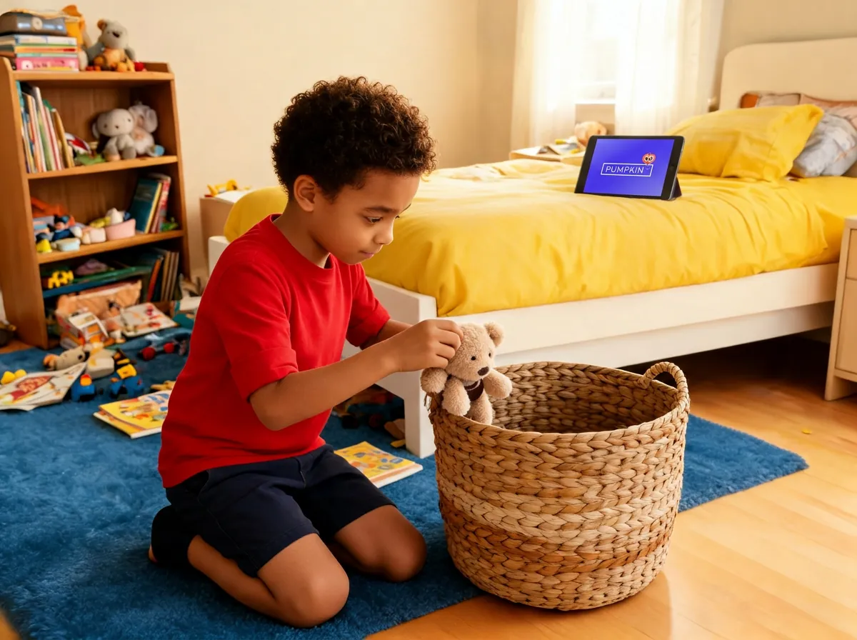 The same boy kneeling on the floor, tidying a stuffed bear into a woven basket, a tablet waiting on the bed