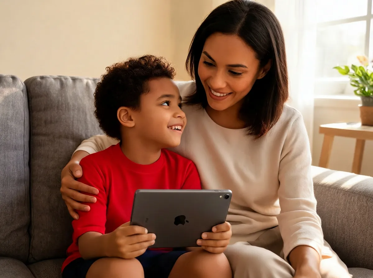 The boy sitting close to his smiling mom on the couch, enjoying tablet time he earned