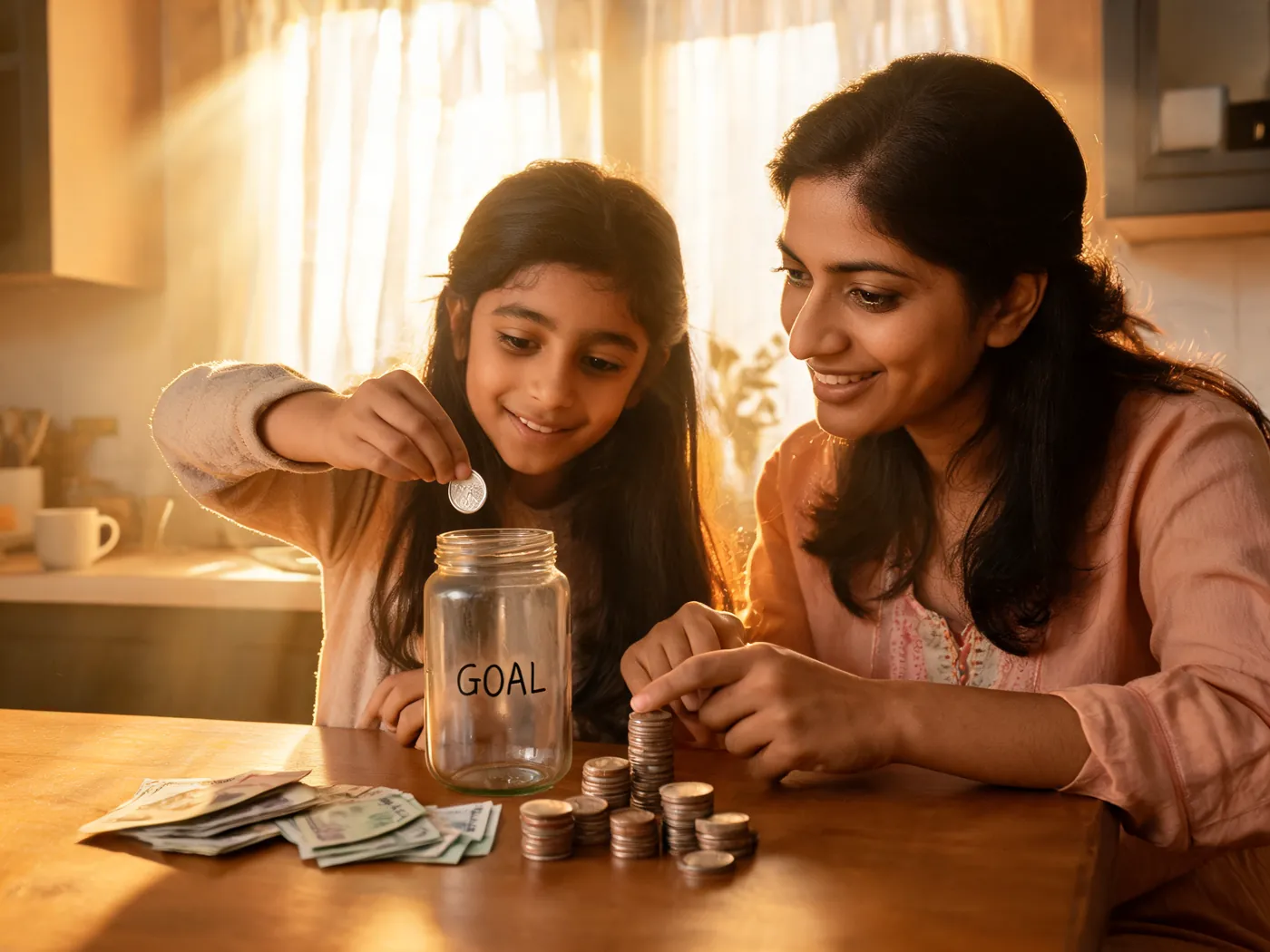 A child dropping a coin into a jar labeled Goal while a parent watches, cash and coin stacks on the table