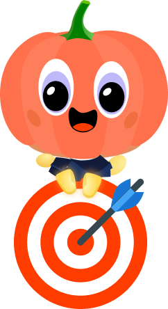 The Pumpkin mascot sitting on a bullseye with an arrow in the center - hitting a goal